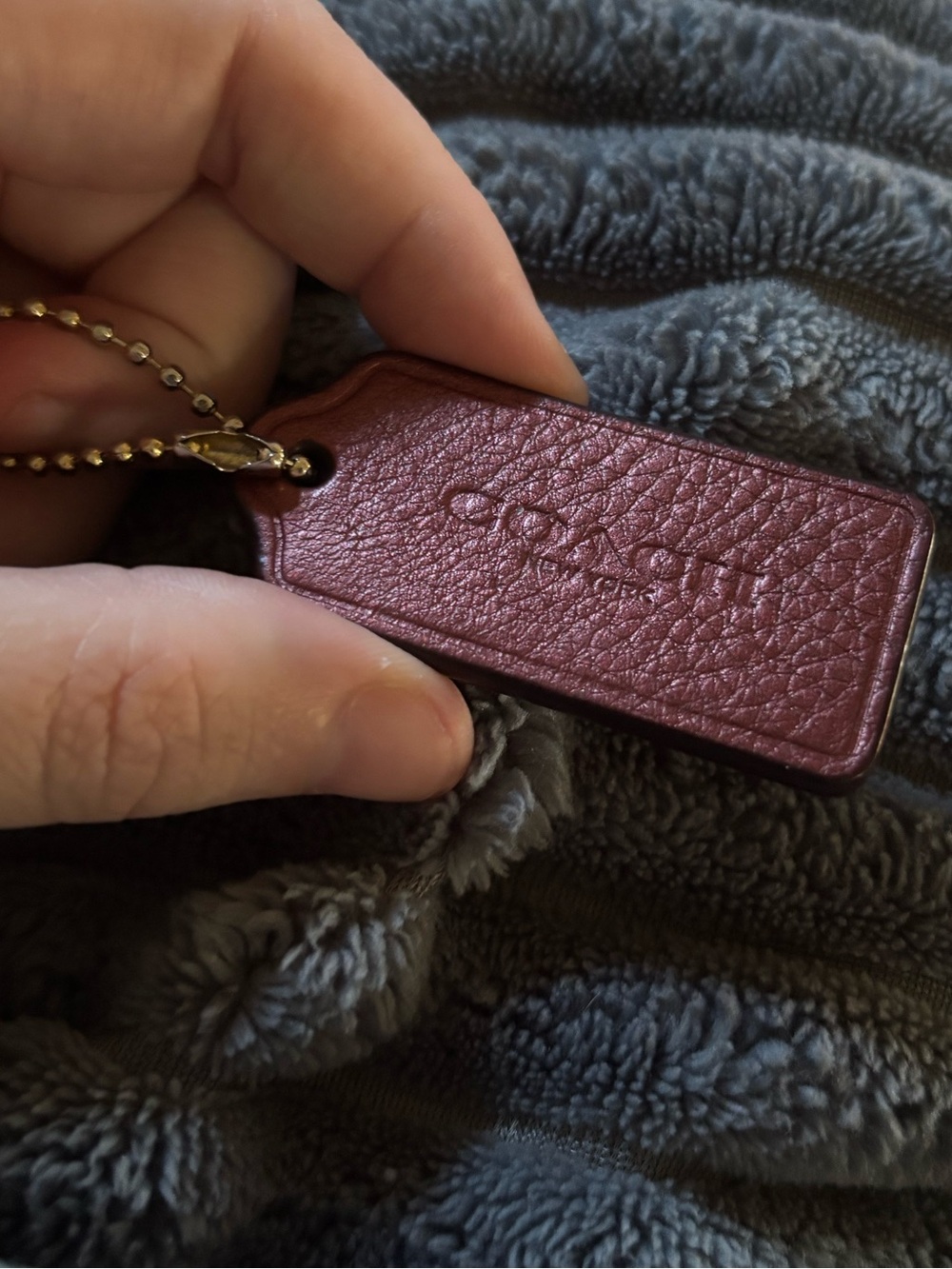 New Coach Burgundy Leather Tag Keychain with Gold Chain
